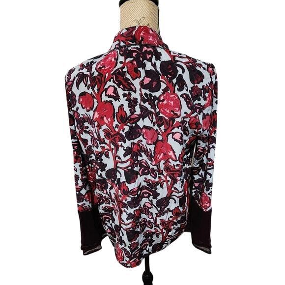 Donna Karan New York Silk Floral Tie Neck Beaded Blouse Red Burgundy Small - Picture 2 of 8